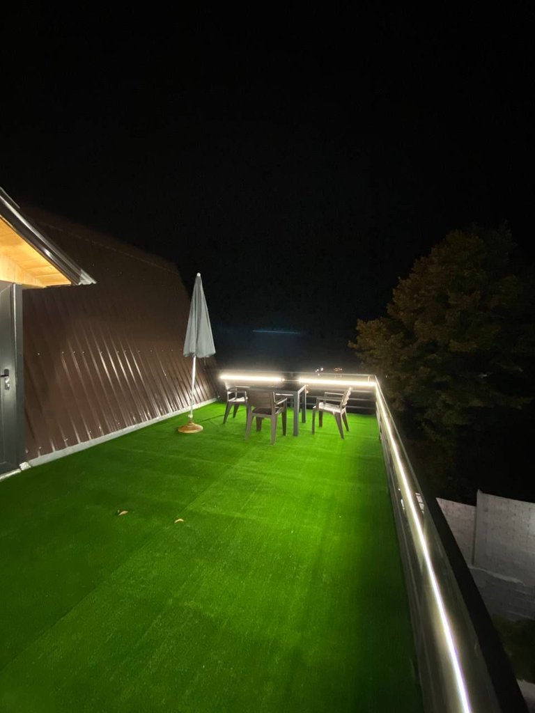 کلبه یک خوابه سوئیسی استخردار آبگرم راش - روف گاردن (شب)