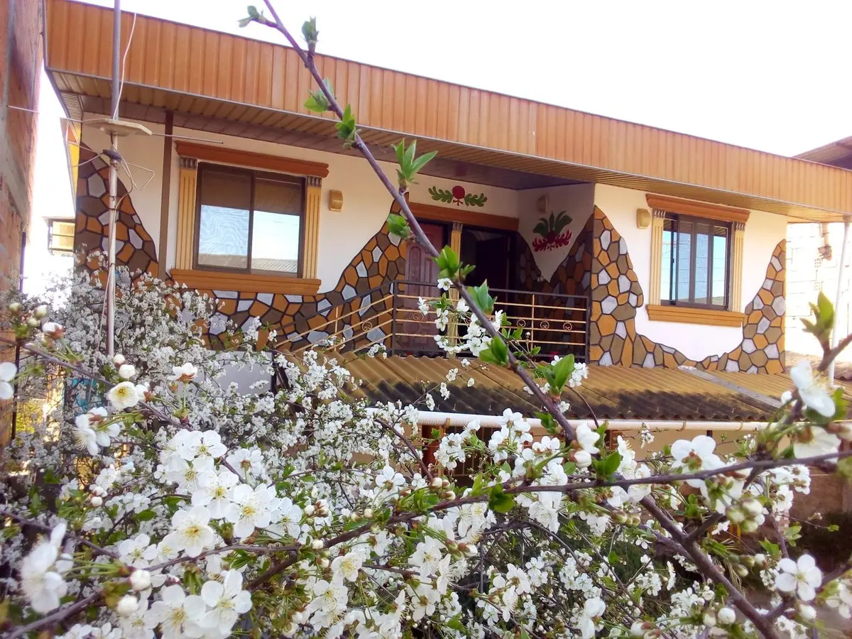 سوئیت یک خوابه شقایق 2 - نمای سوئیت با شکوفه های بهاری درختان البالو در حیاط از روبرو
