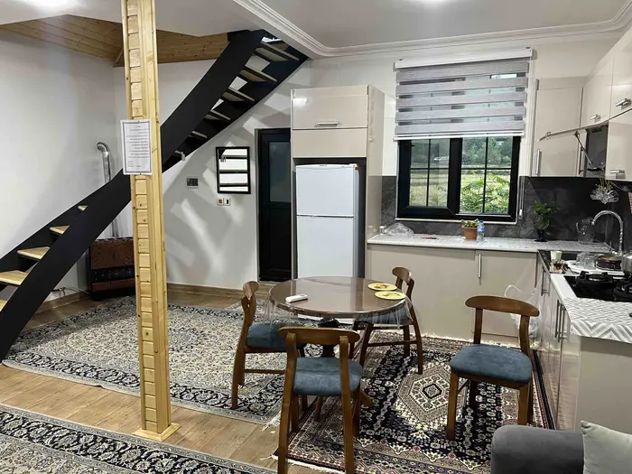 یک خوابه سوئیسی آیهان - نمای حال و آشپزخانه کلبه 