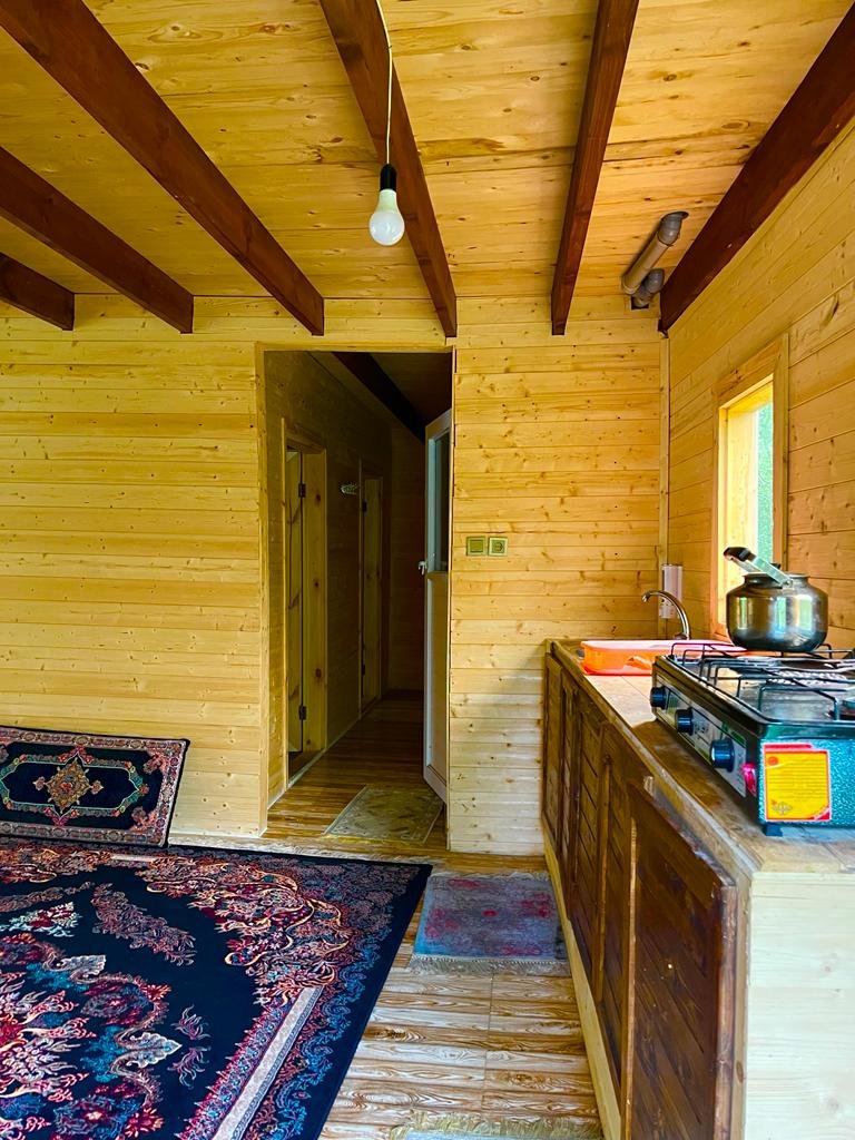 کلبه کلبه چوبی کنار برکه