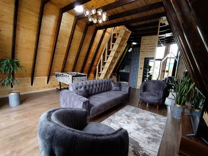 کلبه دوخوابه سوئیسی استخردار آبگرم کاریزما - پذیرایی